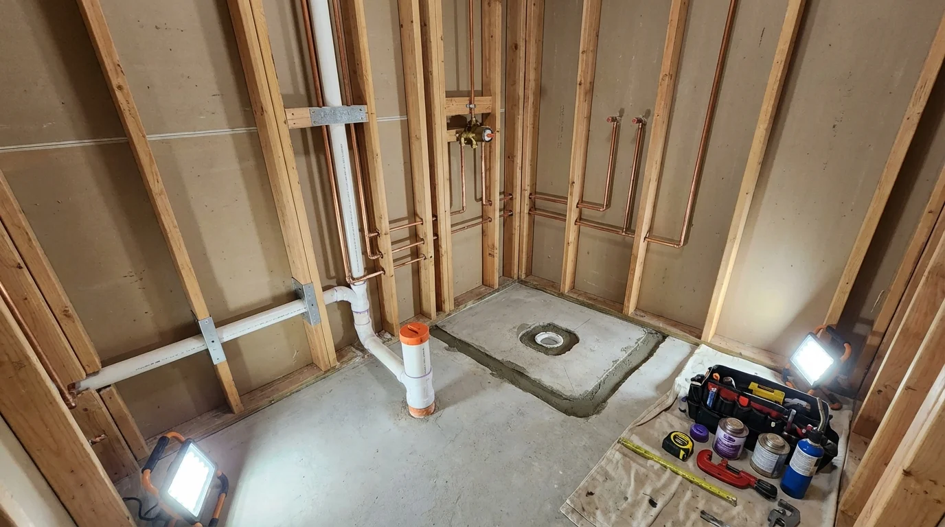 Bathroom rough-in plumbing during remodel by Johns Plumbing LLC in Krotz Springs