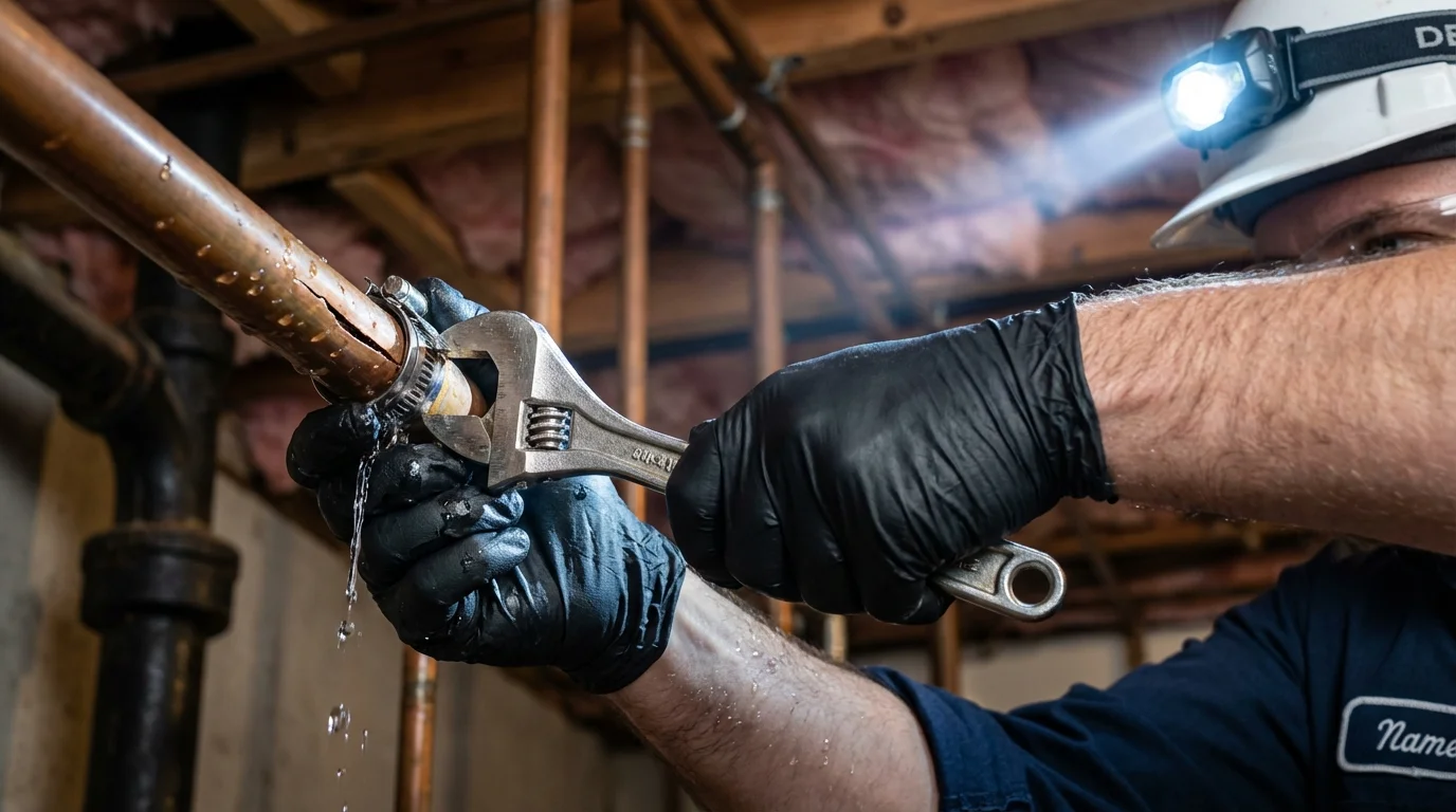 Emergency pipe clamp repair being performed by a Johns Plumbing LLC plumber in Krotz Springs