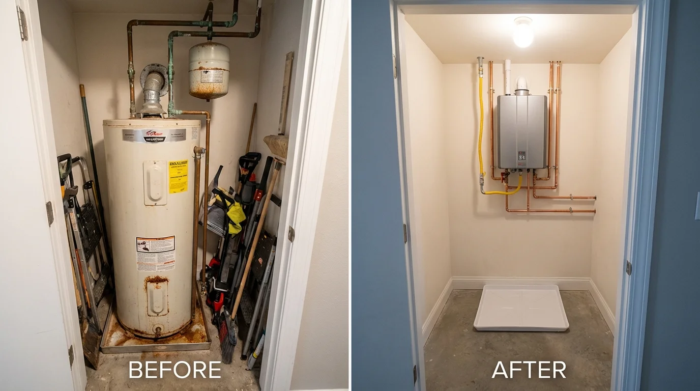 Tank water heater versus wall-mounted tankless unit comparison for Krotz Springs, LA homeowners