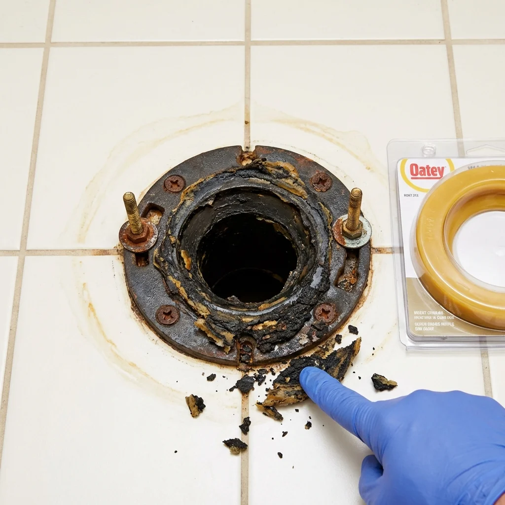 Failed wax ring showing water seepage at the base of a toilet in a Krotz Springs, LA home