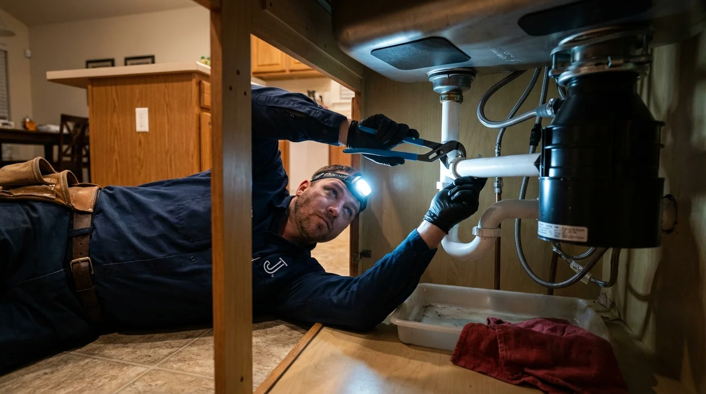 P-trap and supply line connections under a kitchen sink showing a common leak point in Krotz Springs, LA